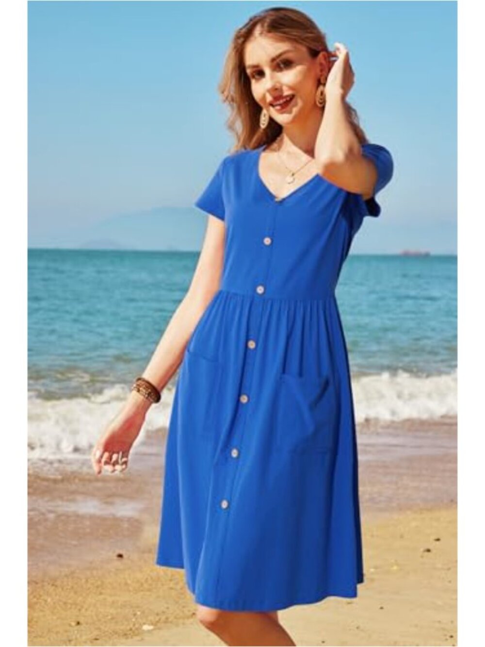 Cotton Spandex A-line Midi Dress with Pockets Short Sleeve V-Neck - Picture 4 of 6